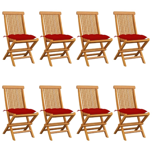 Sedie da Giardino con Cuscini Rossi 8 pz in Massello di Teak