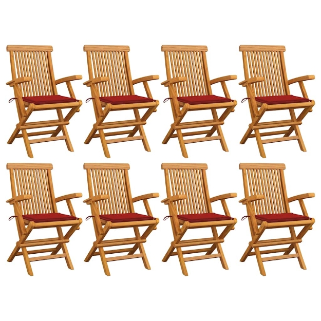 Sedie da Giardino con Cuscini Rossi 8pz Legno Massello di Teak