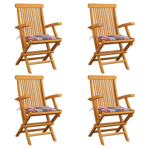 Sedie da Giardino Cuscini Motivo Quadri Rosso 4pz Massello Teak
