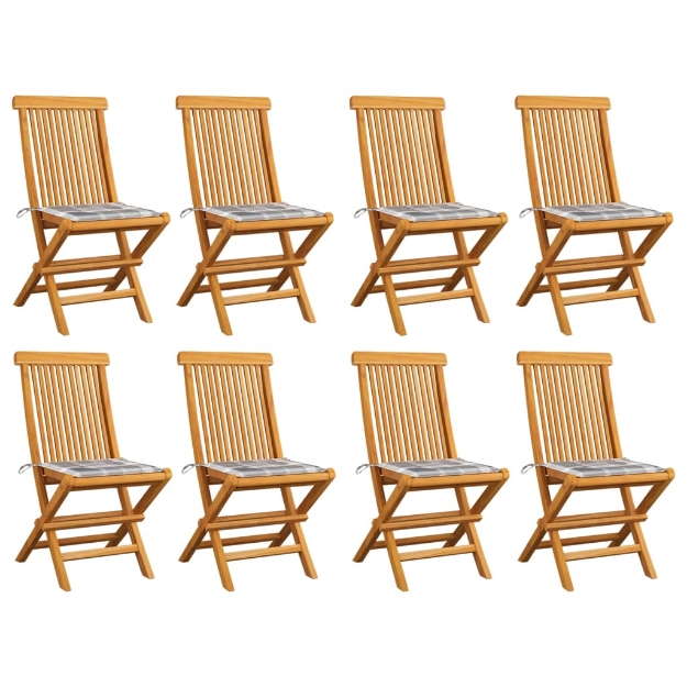 Sedie da Giardino e Cuscini Grigi a Quadri 8 pz Massello Teak