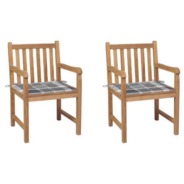 Sedie Giardino 2 pz con Cuscini Grigi a Quadri Legno di Teak