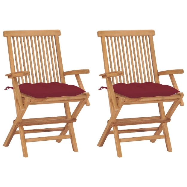 Sedie Giardino 2 pz con Cuscini Rosso Vino Legno Massello Teak