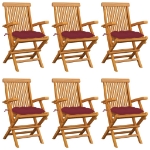 Sedie Giardino con Cuscini Rosso Vino 6 pz Legno Massello Teak