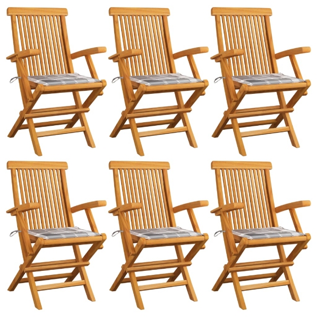 Sedie Giardino Cuscini Motivo Quadri Grigio 6pz Massello Teak