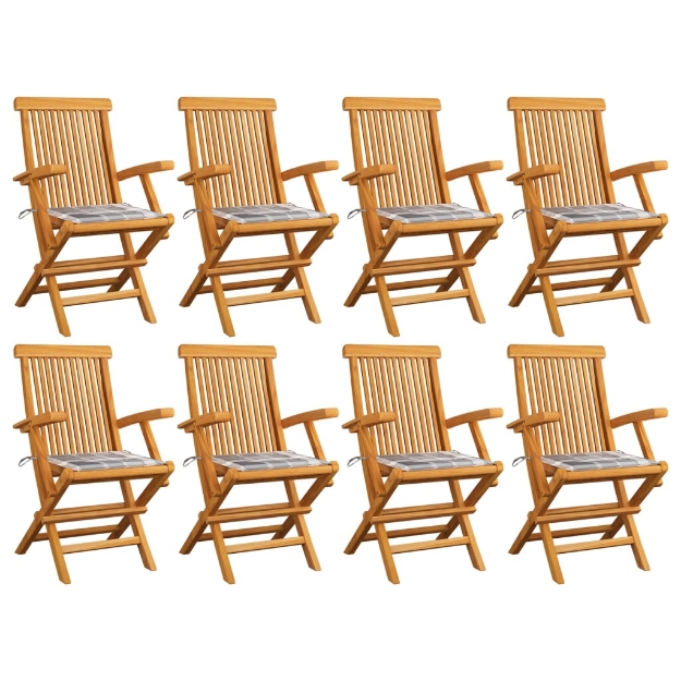 Sedie Giardino Cuscini Motivo Quadri Grigio 8pz Massello Teak
