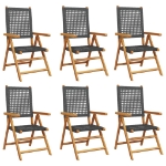 Sedie Giardino Reclinabili 6pz Nere Polyrattan e Legno Massello