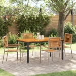 Set pranzo da 5 pezzi giardino Beige Polirattan Acacia, Sedie giardino impilabili con cuscini - Set di 2 in Beige Polirattan, Tavolo giardino 150x90x75 cm in legno massello acacia e metallo