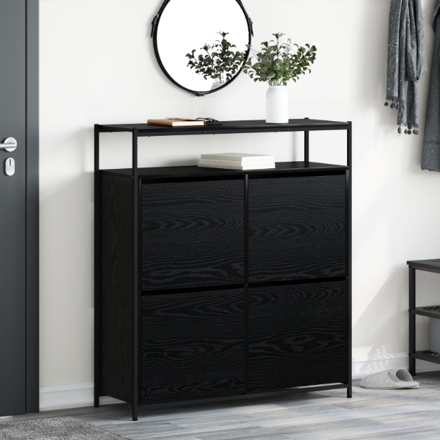 Mobile per scarpe con 4 cassetti a ribalta Rovere nero 100x34x112 cm