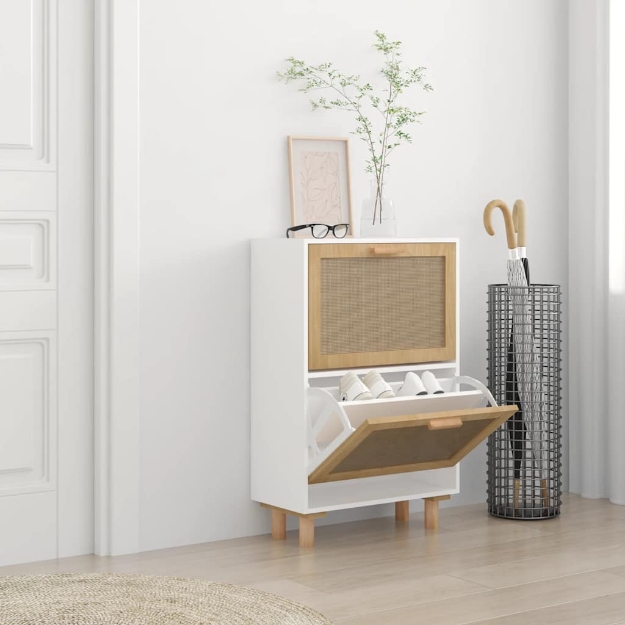 Scarpiera Bianca 52x25x80cm Legno Multistrato e Rattan Naturale