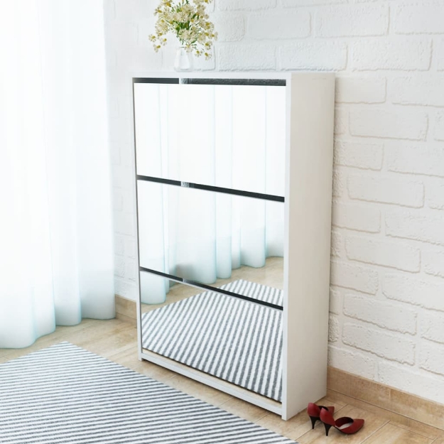 Scarpiera con 3 Ripiani e Specchio Bianco 63x17x102,5 cm