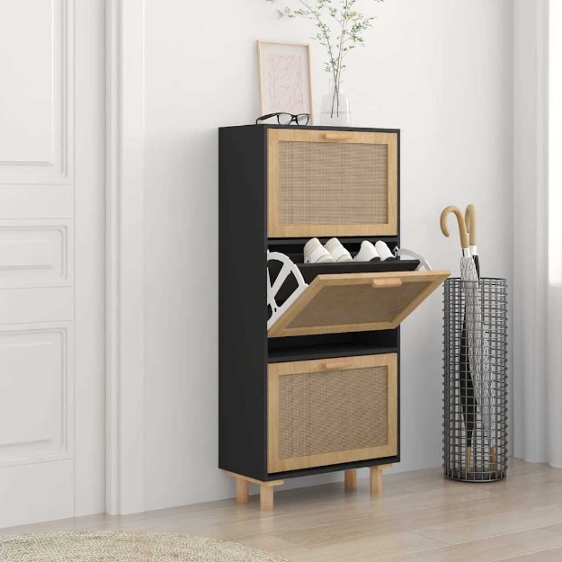 Scarpiera Nero 52x25x115cm Legno Multistrato e Rattan Naturale